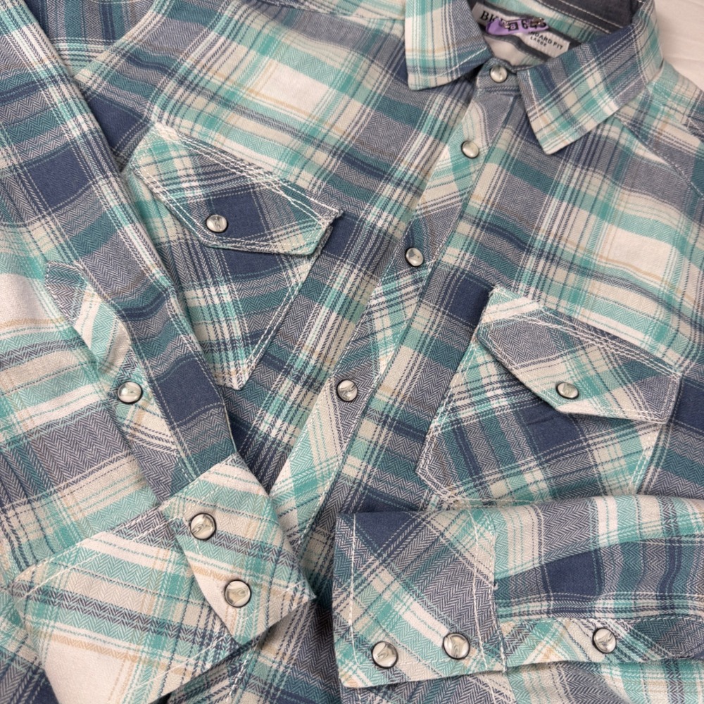BKE Western Shirt Mens L Teal Blue Plaid Pearl Snap Long Sleeve Casual